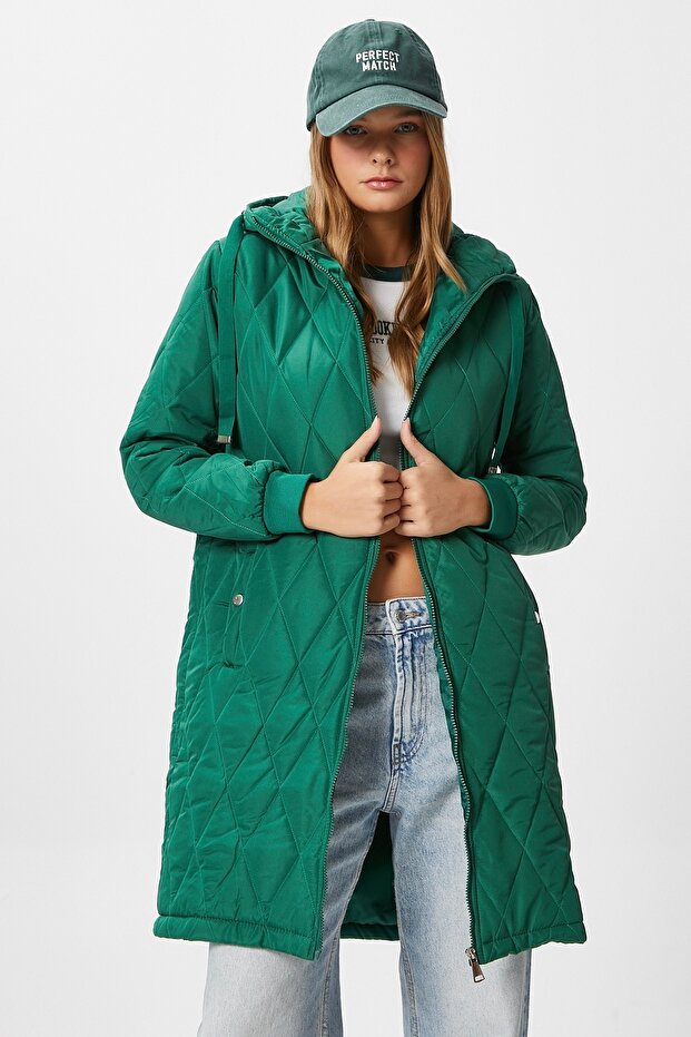 Women's Sporty Hooded Quilted Green Coat
