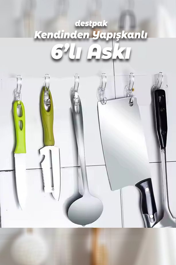 6'lı Şeffaf Duvar Askısı - Kendinden Yapışkanlı - Ekstra Güçlü - Iz Bırakmayan Yapışkan - 1