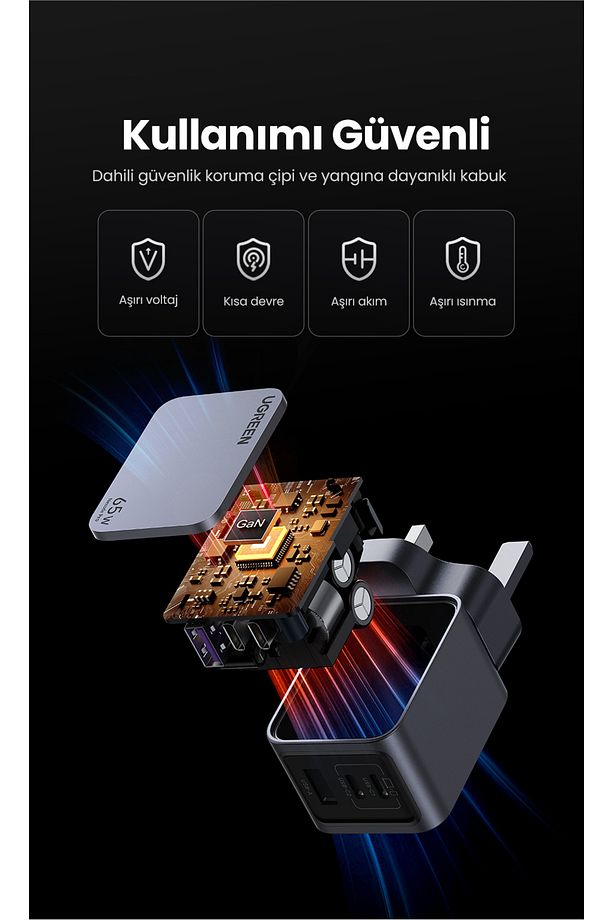 Nexode  Pro 65W GaN Hızlı Şarj Cihazı Type-C QC PD 2xUSB-C, 1xUSB-A, Uzay Grisi - 25871 - 8