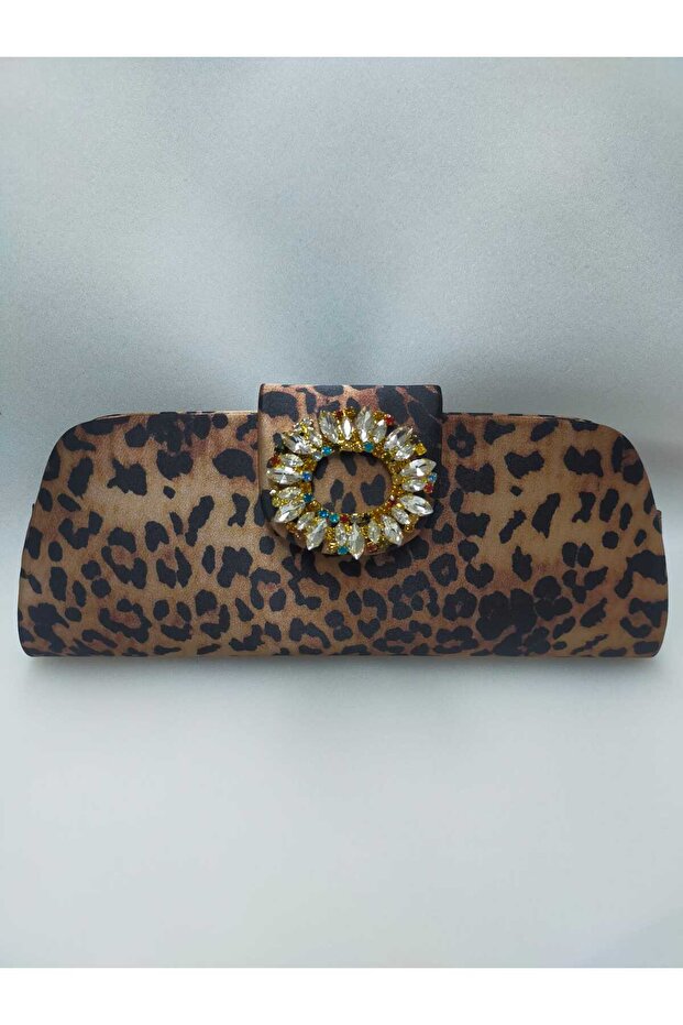 حقيبة فستان سهرة صغيرة من الساتان بنمط الفهد الذهبي - 1