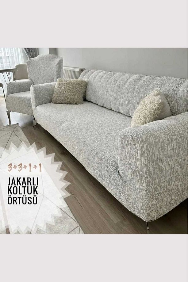 Jakarlı Koltuk Kanepe Çekyat Örtüsü Çubuk Desen Esnekli Eteksiz3 3 1 1 Takım Için - 1