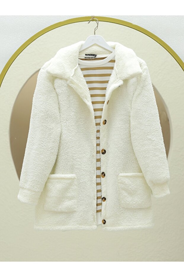 Ecru Plush Jacket - Tall Buttons and Pockets - 1