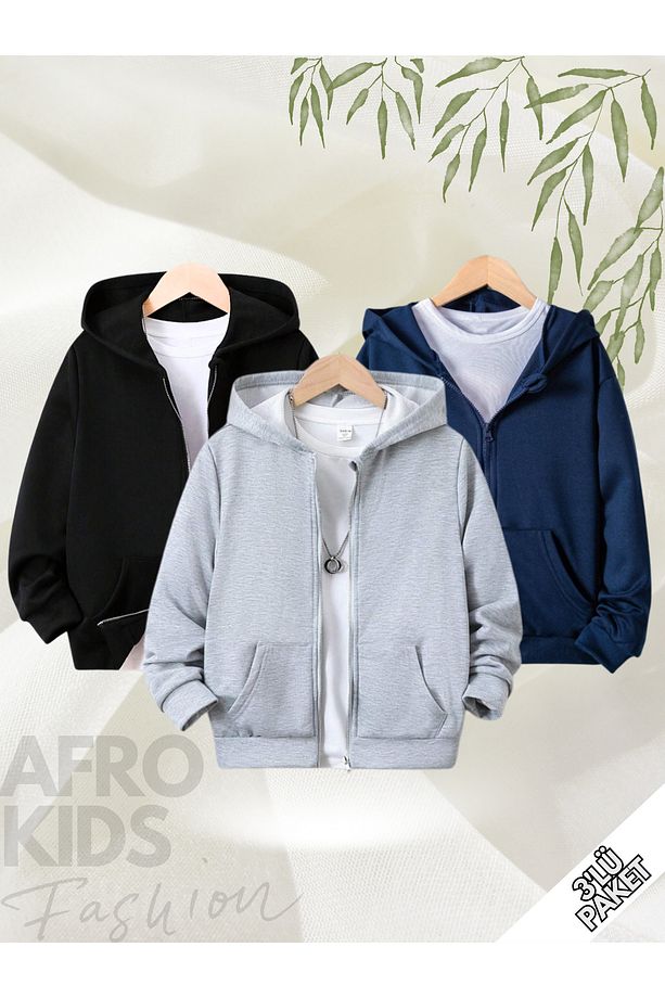 Çocuk Unisex 3'lü Paket Düz Baskısız Fermuarlı Oversize Hırka - 1