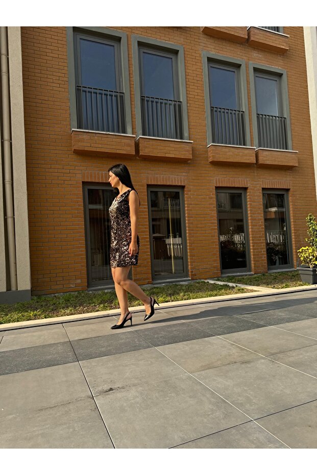 Payetli Kolsuz Astarlı Elbise Pul Payetli Elbise - 5