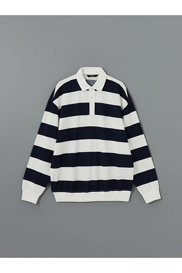 Xside Polo Neck Long Sleeve Striped Men's Thick Sweatshirt