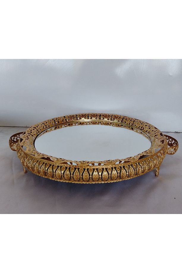 AŞİRET BOY  ÇİFT ŞERİTLİ GOLD DAMLA MODEL 3 LÜ  AYNALI SUNUM İKRAM TEPSİSİ MUTFAK MASA MEKAN - 5