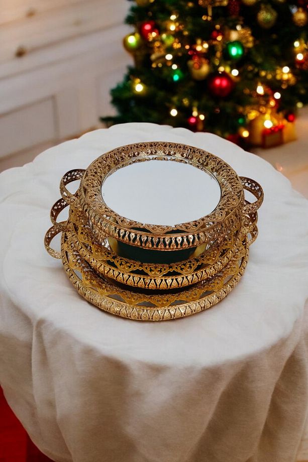 AŞİRET BOY  ÇİFT ŞERİTLİ GOLD DAMLA MODEL 3 LÜ  AYNALI SUNUM İKRAM TEPSİSİ MUTFAK MASA MEKAN - 9