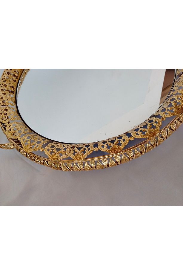 AŞİRET BOY  ÇİFT ŞERİTLİ GOLD DAMLA MODEL 3 LÜ  AYNALI SUNUM İKRAM TEPSİSİ MUTFAK MASA MEKAN - 8