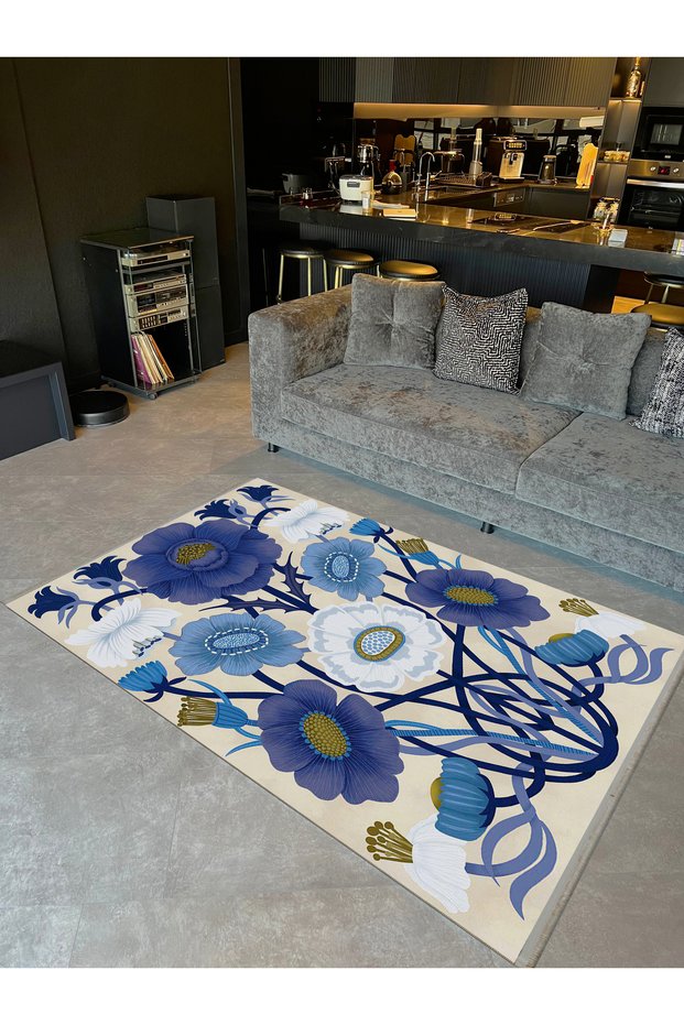 Barcelona Collection Modern Decorative Carpet with Floral Pattern in Blue Beige Tones 07