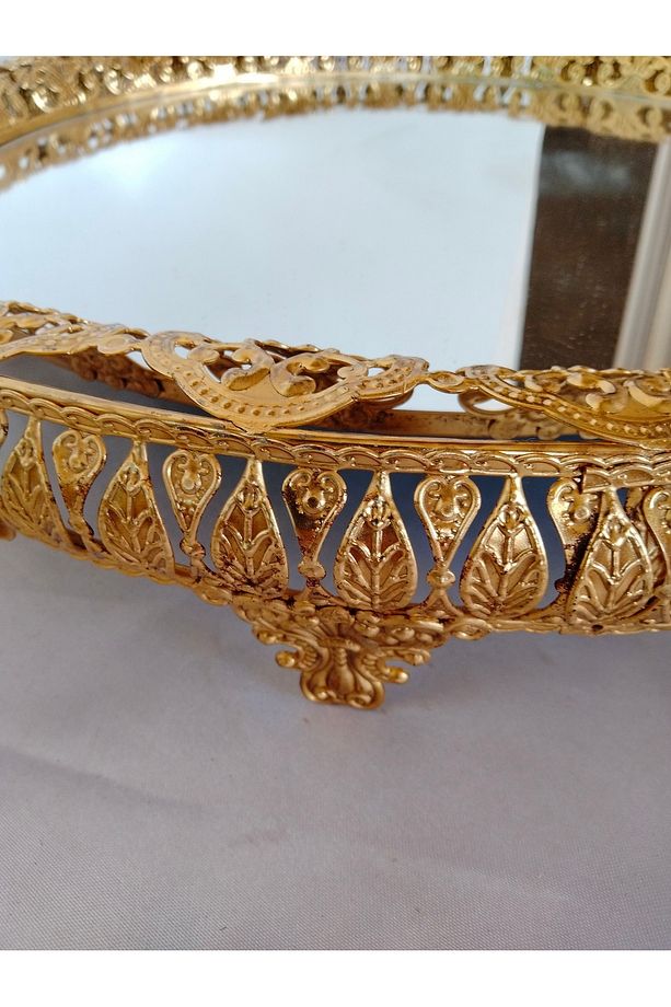 AŞİRET BOY  ÇİFT ŞERİTLİ GOLD DAMLA MODEL 3 LÜ  AYNALI SUNUM İKRAM TEPSİSİ MUTFAK MASA MEKAN - 6