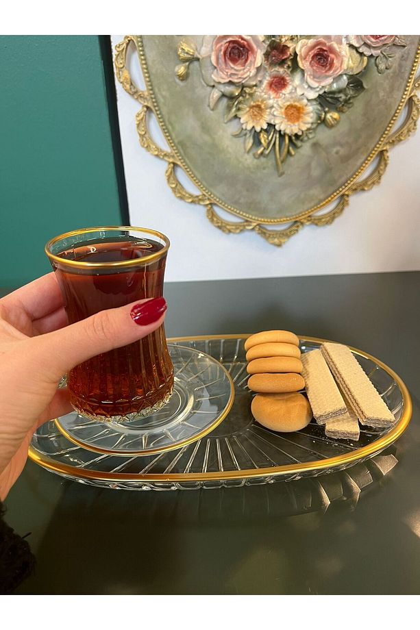Paşabahce  Elysia yaldızlı Çay seti ve 6 li Sunum Tabagı - 1