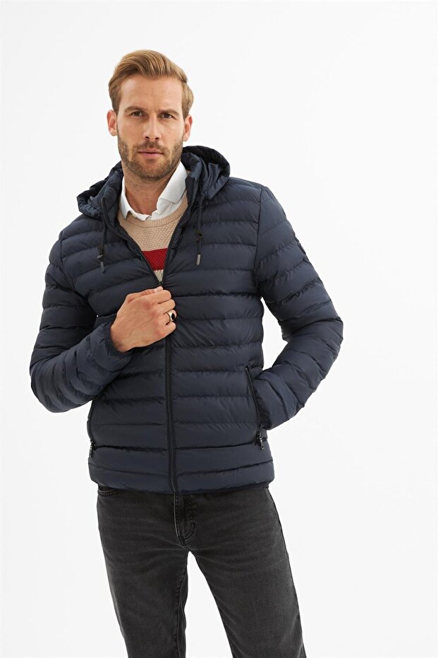 Erkek Çıkarılabilir Kapüşonlu Basic Şişme Mont Lacivert - 1