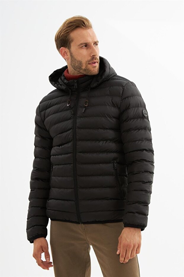 Erkek Çıkarılabilir Kapüşonlu Basic Şişme Mont Siyah - 3