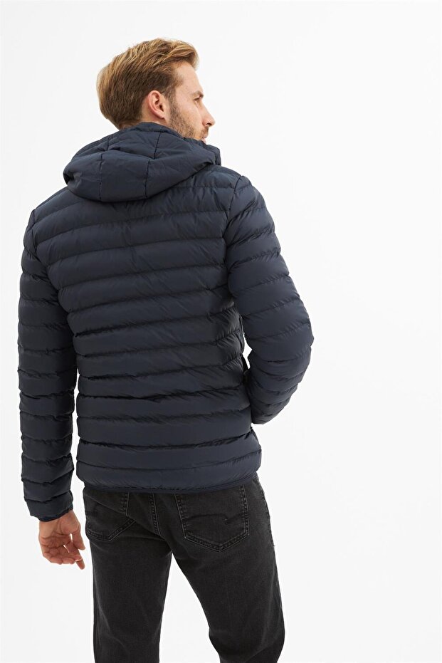 Erkek Çıkarılabilir Kapüşonlu Basic Şişme Mont Lacivert - 6