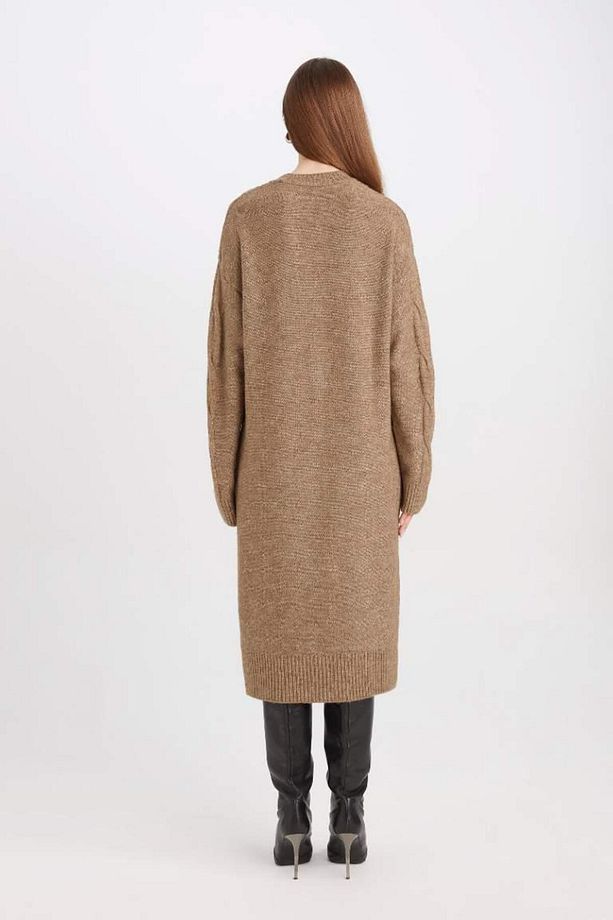 Regular Fit Bisiklet Yaka Saç Örüg Desenli Basic Düz Uzun Kollu Maxi Triko Elbise VISON - 4