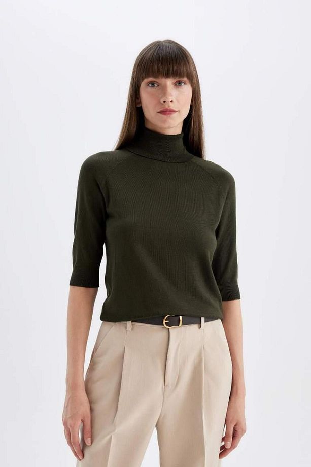 Regular Fit Balıkçı Yaka Yarım Kol Basic Düz Triko Kazak Khaki - 4