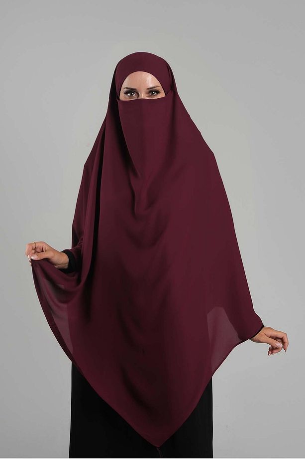 Bordo Pratik Hazır Geçmeli Tesettür Eşarp Krep Bağcıklı Sufle Hijab 2313_16 - 3