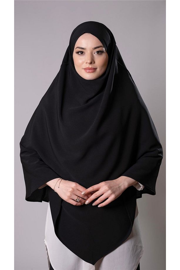 Siyah Pratik Hazır Geçmeli Tesettür Eşarp Medine İpeği Bağcıklı Çift Katlı Sufle Hijab 2302_01 - 1