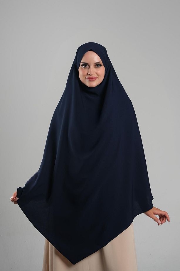 Lacivert Pratik Hazır Geçmeli Tesettür Eşarp Krep Bağcıklı Sufle Hijab 2313_02 - 3