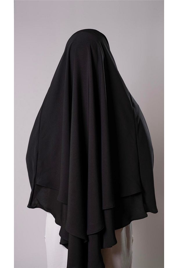 Siyah Pratik Hazır Geçmeli Tesettür Eşarp Medine İpeği Bağcıklı Çift Katlı Sufle Hijab 2302_01 - 4