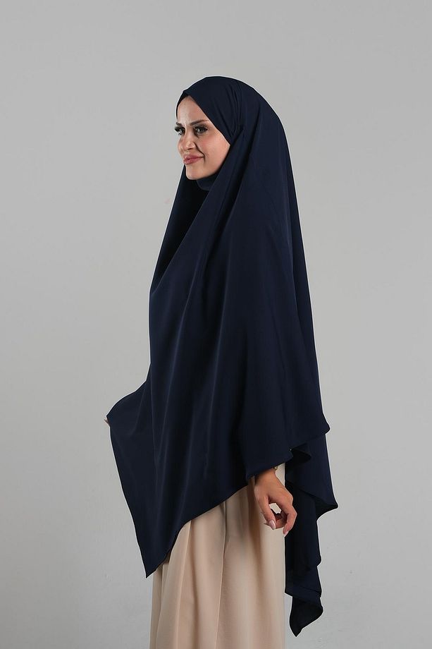 Lacivert Pratik Hazır Geçmeli Tesettür Eşarp Krep Bağcıklı Sufle Hijab 2313_02 - 2