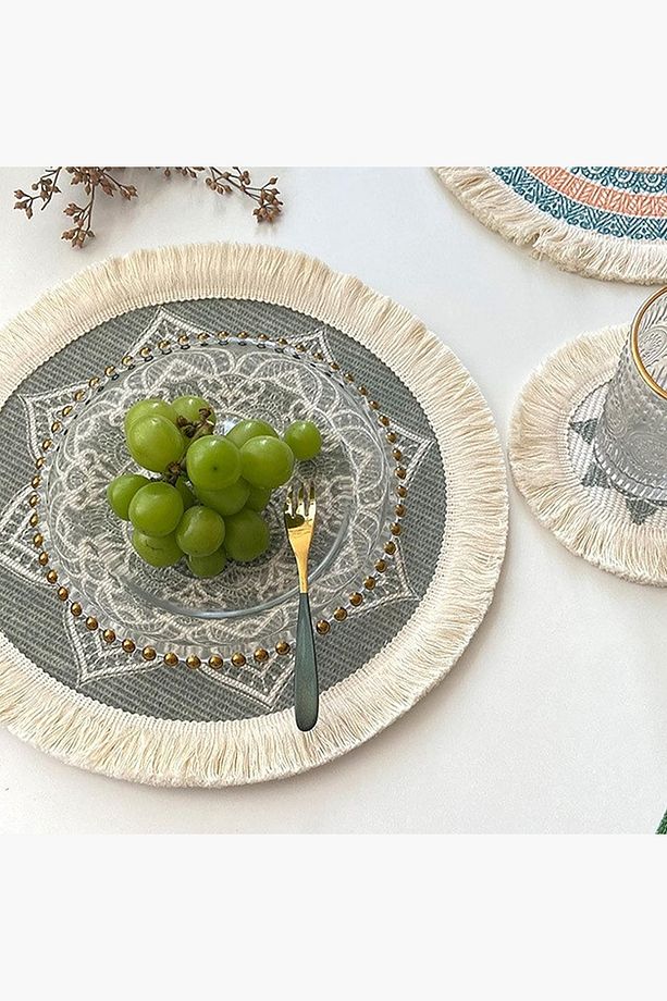 4'lü Gri Bohem jüt supla, beyazl püsküllü  30 x 30 cm yuvarlak amerikan servis, tabak altlığı, hasır - 2