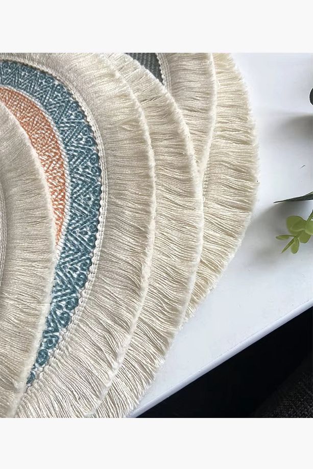 4'lü Gri Bohem jüt supla, beyazl püsküllü  30 x 30 cm yuvarlak amerikan servis, tabak altlığı, hasır - 5