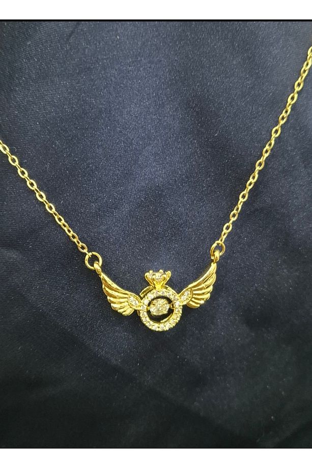 Çelik Gold Tek Taş Yüzük Görünümlü Melek Kanatlı Kolye - 2