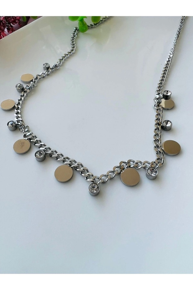 Boncuklu Pullu Çelik Kolye - 3