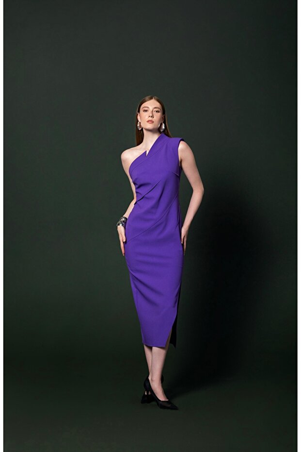 Tek Omuz Yırtmaçlı Mor Elbise - 2