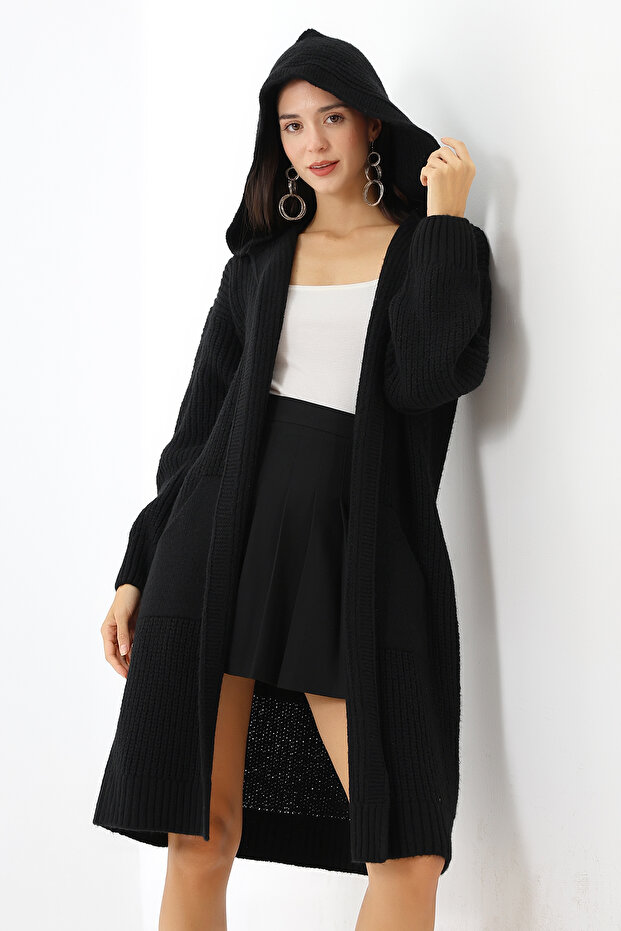 Women's Black Hooded Oversize Loose Long Pocket Knitwear Cardigan