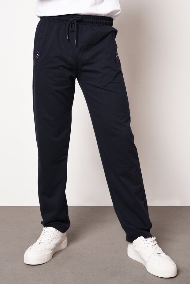 Navy Blue Men's Zipper Pocket Embroidery Detailed Straight Leg Relaxed Cut Sweatpants