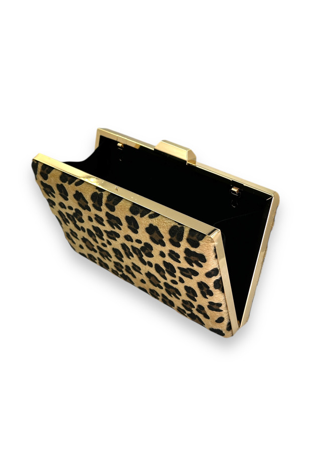 حقيبة سهرة مستوردة بنقشة الفهد مع ريش - 3