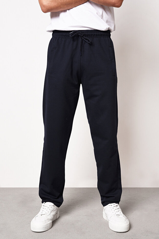 Navy Blue Men's Straight Leg Pocket Zipper Detailed Relaxed Fit Sweatpants
