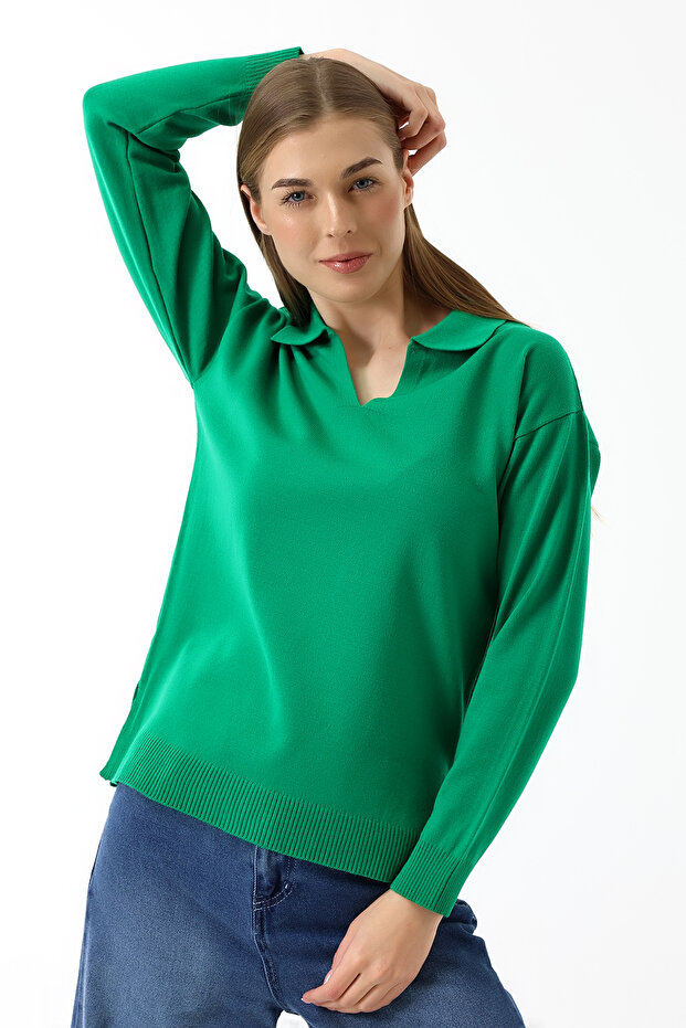 Women's Polo Neck Long Sleeve Knitwear Blouse Green