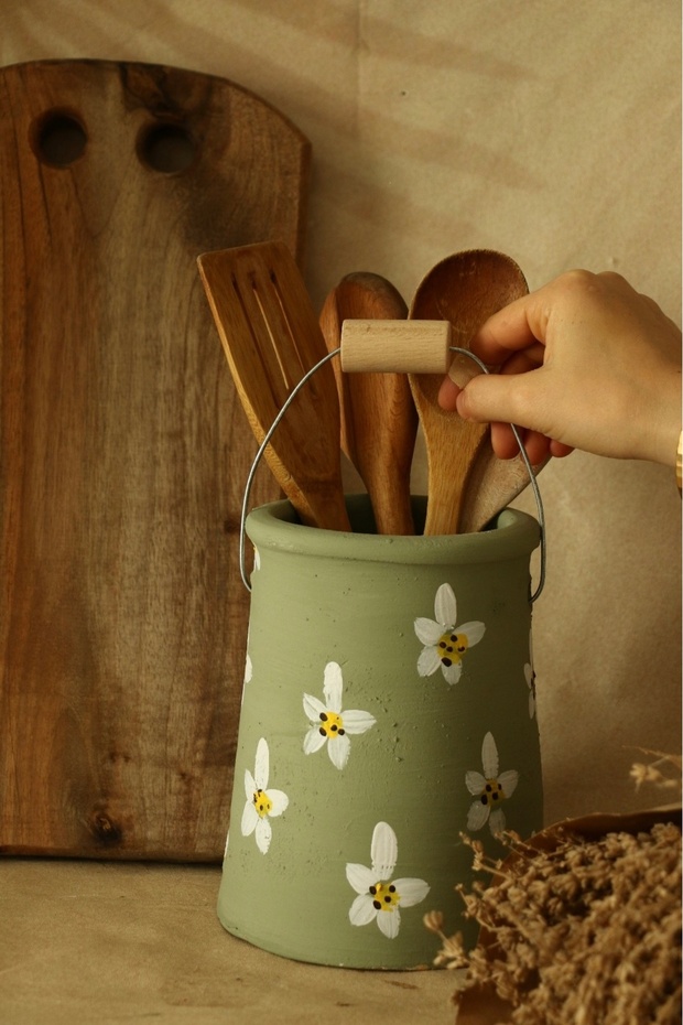 Retro Green Handmade XL Size Steel Hanger Decorative Cutton Holder with Distinguished Floral Pattern Taşra Style