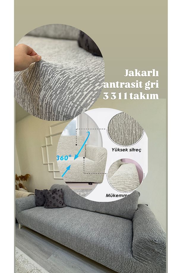 Jakarlı koltuk örtüsü 3 3 1 1 antrasit gri |koltuk örtüsü  | tam kaplama koltuk örtüsü - 3