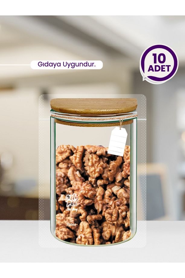 Ahşap Kapaklı Kavanoz Görünümlü Saklama Poşeti-10 Adet-700 Ml - 1