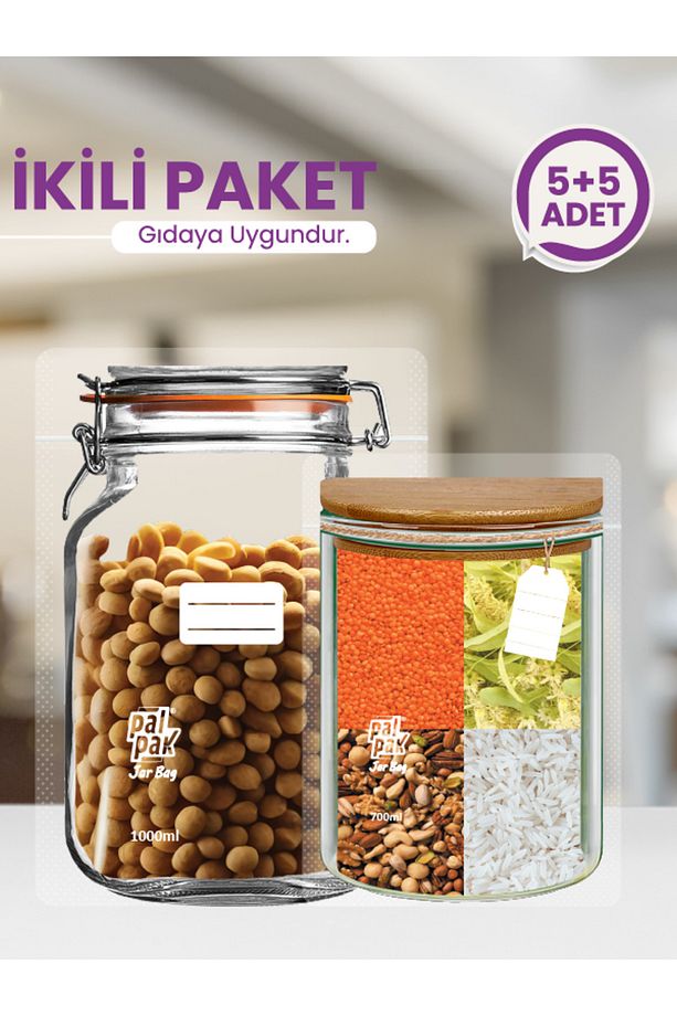 2 Boy Kavanoz Görünümlü Saklama Poşeti-5orta-700ml / 5 Büyük-1000 Ml - 1