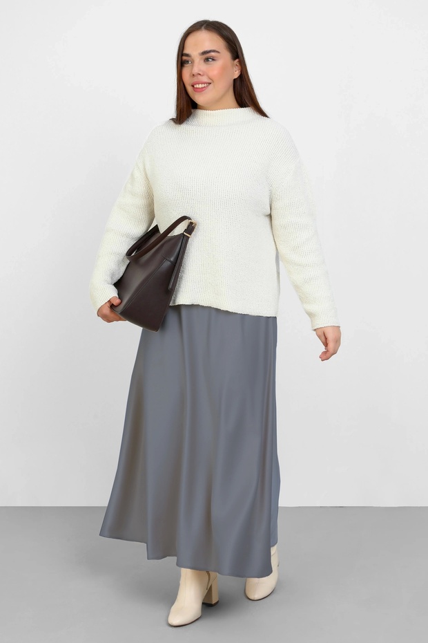 Plus Size Elastic Waist Hidden Zipper Lycra Satin Flared Long Skirt