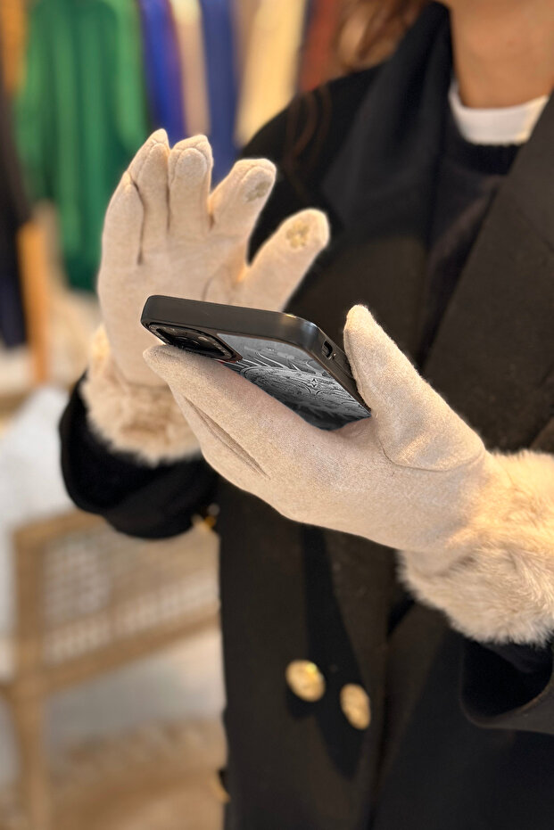 Kürk Detay Kadın Kaşe Eldiven ELD-29 Bej - 2