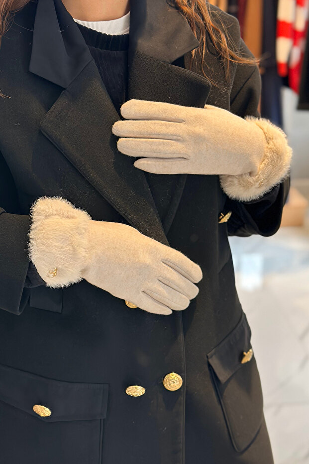 Kürk Detay Kadın Kaşe Eldiven ELD-29 Bej - 4