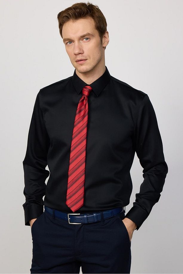 Slim Fit Siyah Non-ıron %100 Pamuk Doğa Dostu Ekoteks Belgeli Ütü Gerektirmez Gömlek - 1