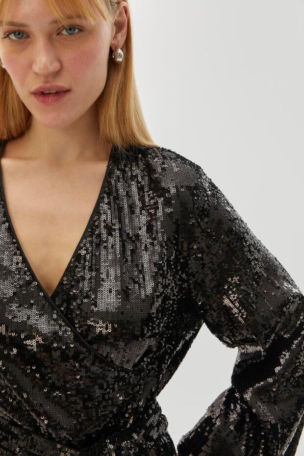 Payetli V Yaka Mini Siyah Elbise - 4