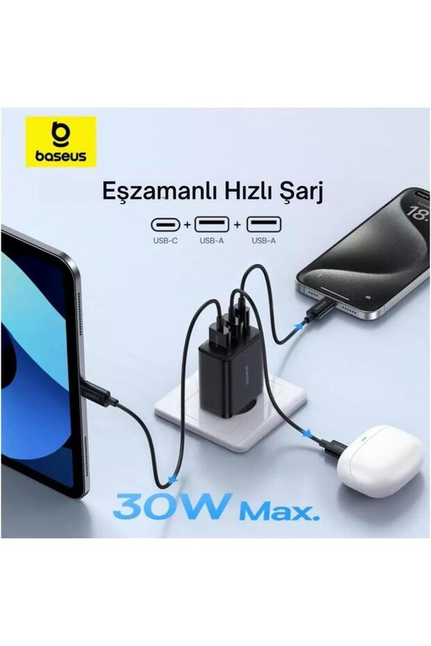 Gan5 30w Süper Hızlı 2x Usb 1x Type C Girişli Şarj Adaptörü, Universal Telefon, Tablet Şarj B - 3