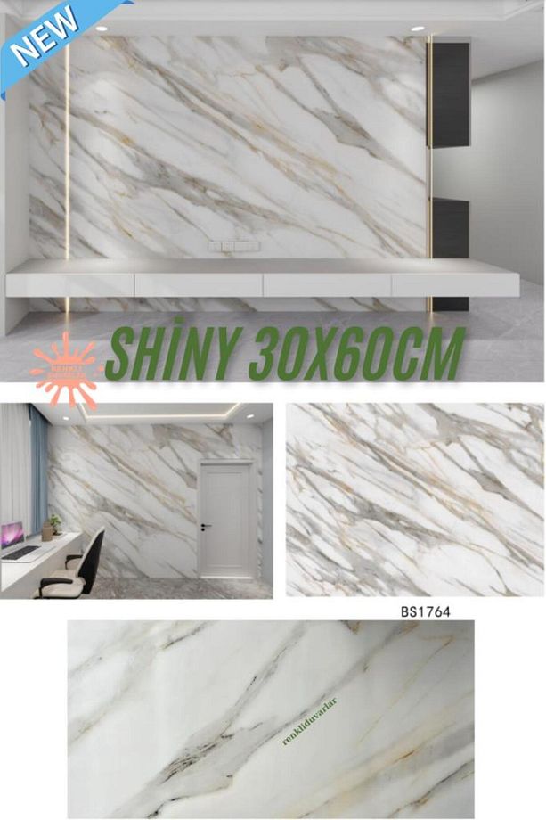 Bs1764 Shiny 60x30cm 1 Adet Mermer Desenli Yapışkanlı Esnek Karavan Banyo Wc Duvar Kaplama Paneli - 1