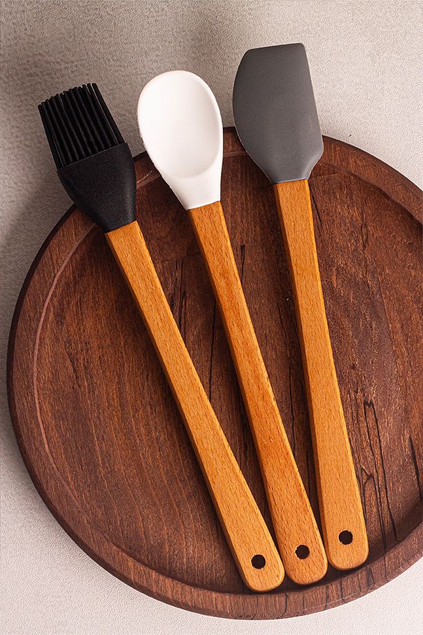 Daily - 3'lü Bambu Saplı Silikon Spatula Seti 21 cm Mutfak Seti Kaşık Spatula Seti - 3