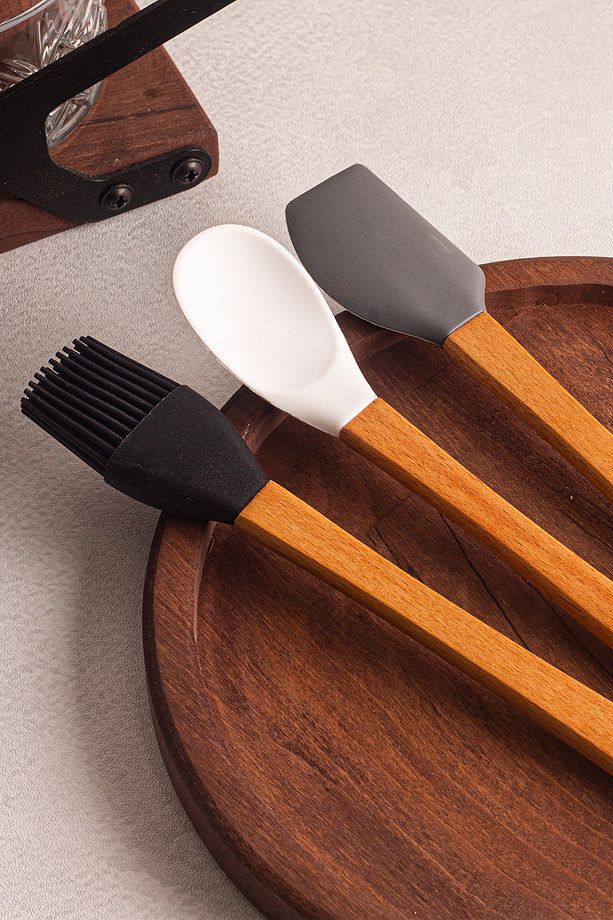 Daily - 3'lü Bambu Saplı Silikon Spatula Seti 21 cm Mutfak Seti Kaşık Spatula Seti - 2