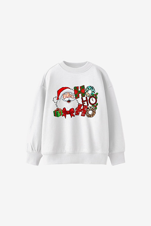 New Year's Santa Claus Printed Oversize Hooded Basic Unisex Children's Sweatshirt with Cotton Inside