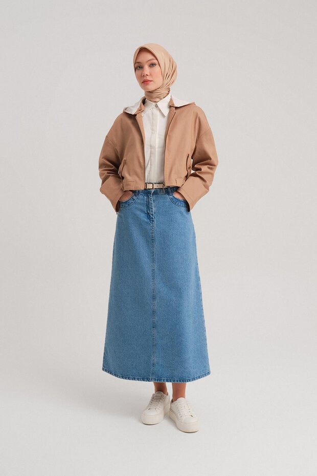 Camel Colored Cotton Jacket with Mobile Hood and Belt - 24Y5406